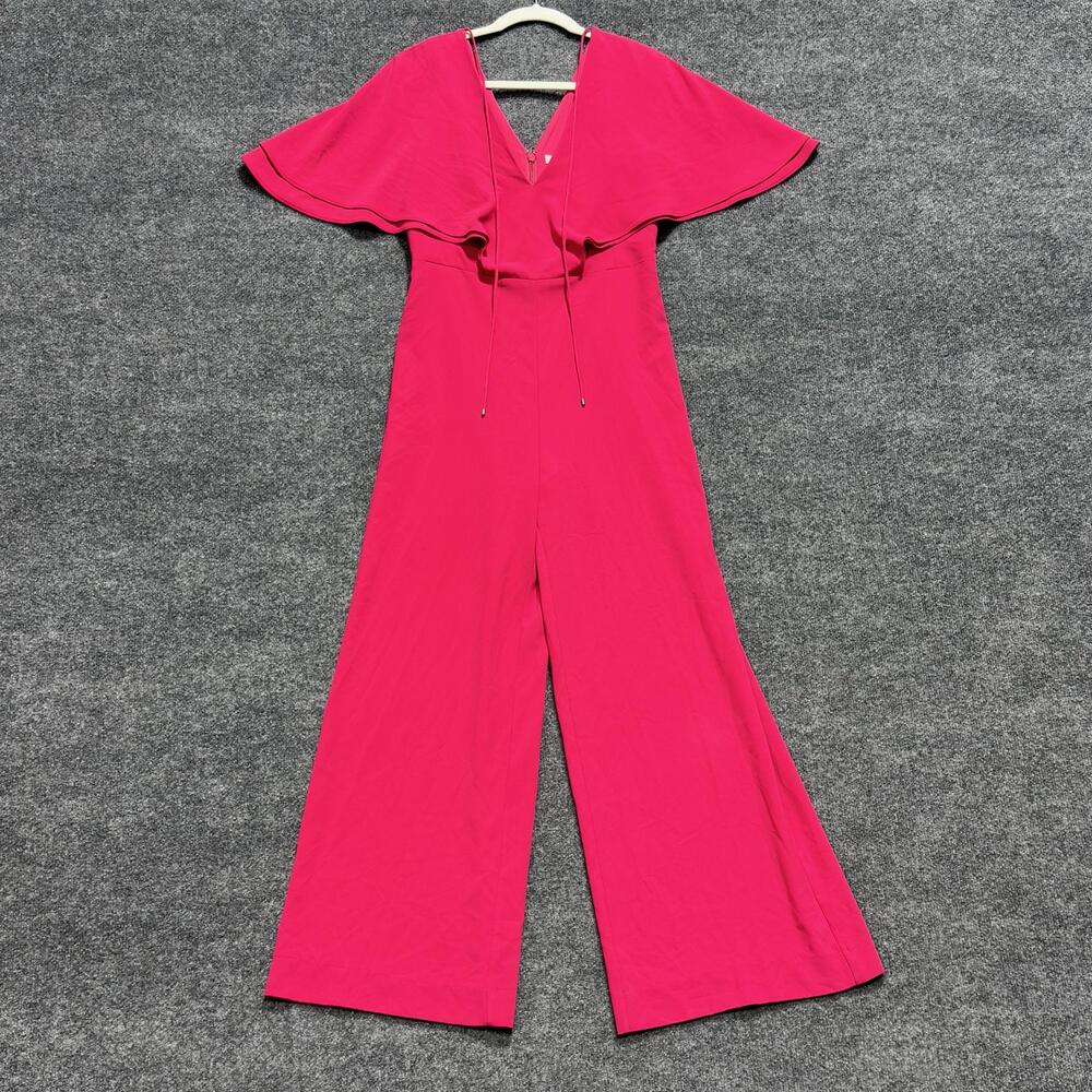 Halston Heritage Jumpsuit Womens 2 Pink V Neck Cape Overlay Wide Leg Formal